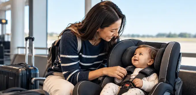 Madre acomoda a su bebé en una silla de auto infantil en el aeropuerto, antes de viajar en avión.