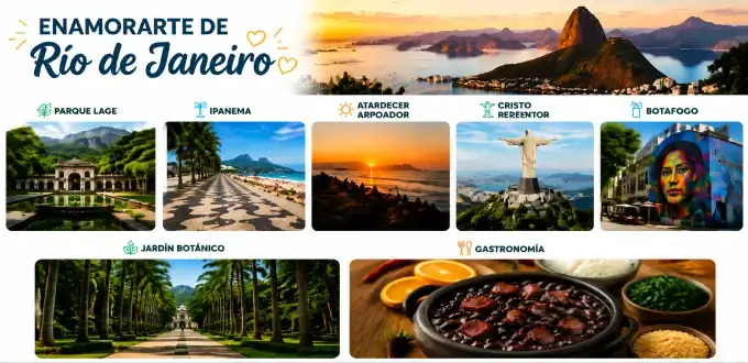 Infografía de Río de Janeiro, Brasil, con playas, atractivos turísticos, cultura, naturaleza y gastronomía local.