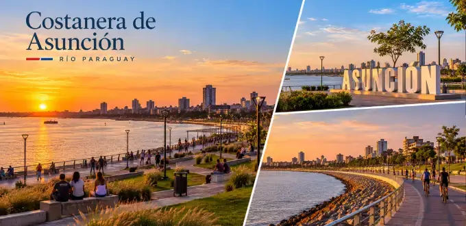 Costanera de Asunción, Paraguay, con vistas al río Paraguay, paseos peatonales y un atardecer sobre la ciudad.