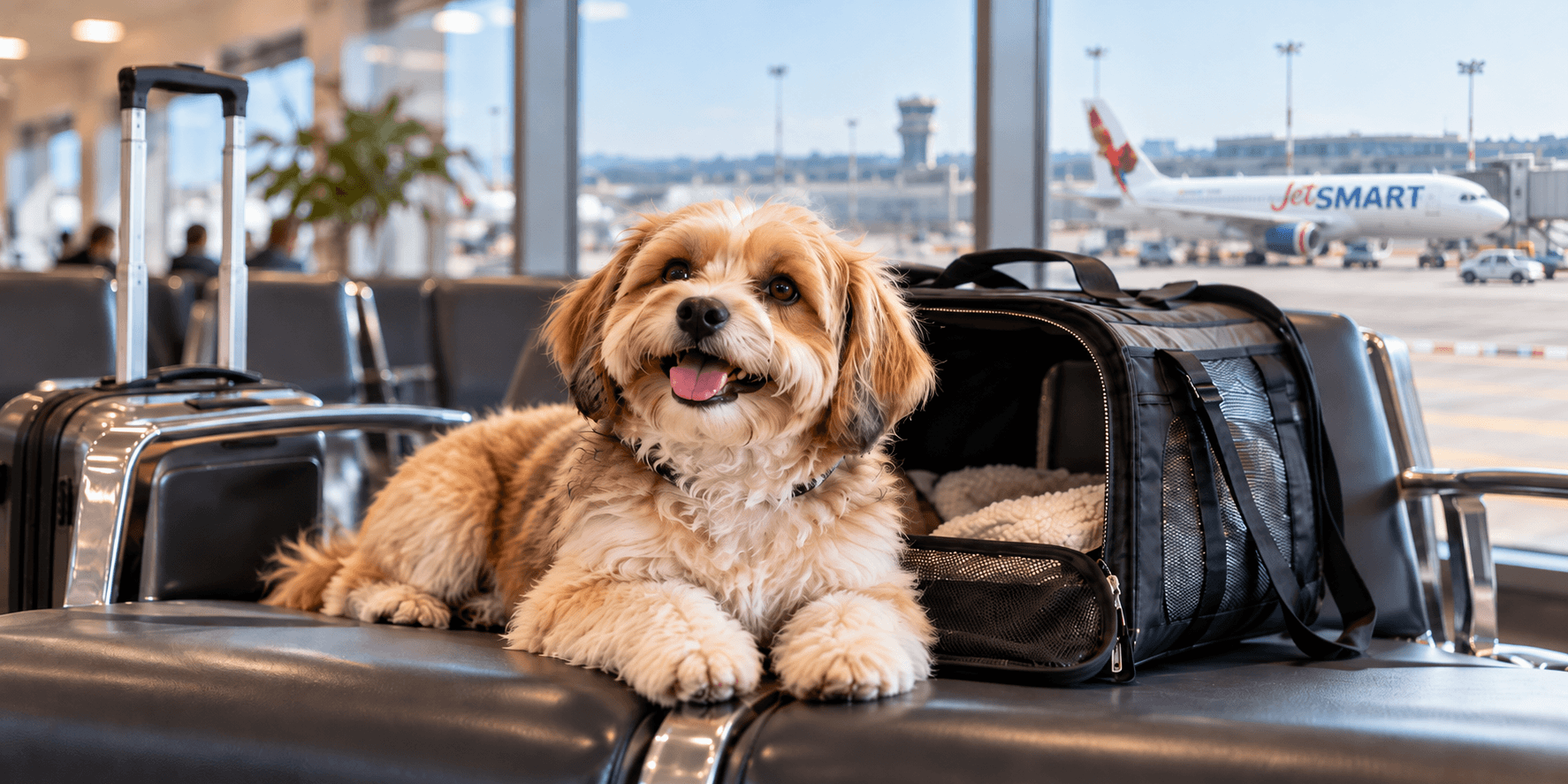 Perro junto a su transportín de viaje en un aeropuerto, con un avión de JetSMART al fondo, listo para volar.