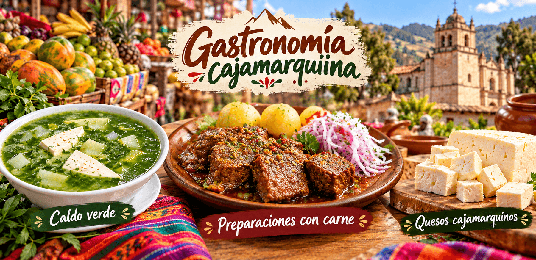 Gastronomía cajamarquina, Perú, con platos típicos como caldo verde y quesos tradicionales.