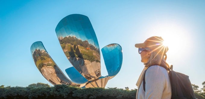 Floralis Genérica en Buenos Aires con visitante observando la escultura bajo el sol, ícono moderno de la ciudad.