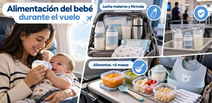 Madre alimenta a su bebé durante un vuelo, junto a biberones, leche materna, fórmula y alimentos para viajar en avión.