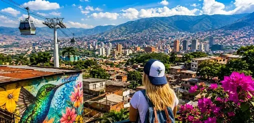 Medellín, Colombia, con vista panorámica de la ciudad, montañas, metrocable y arte urbano.