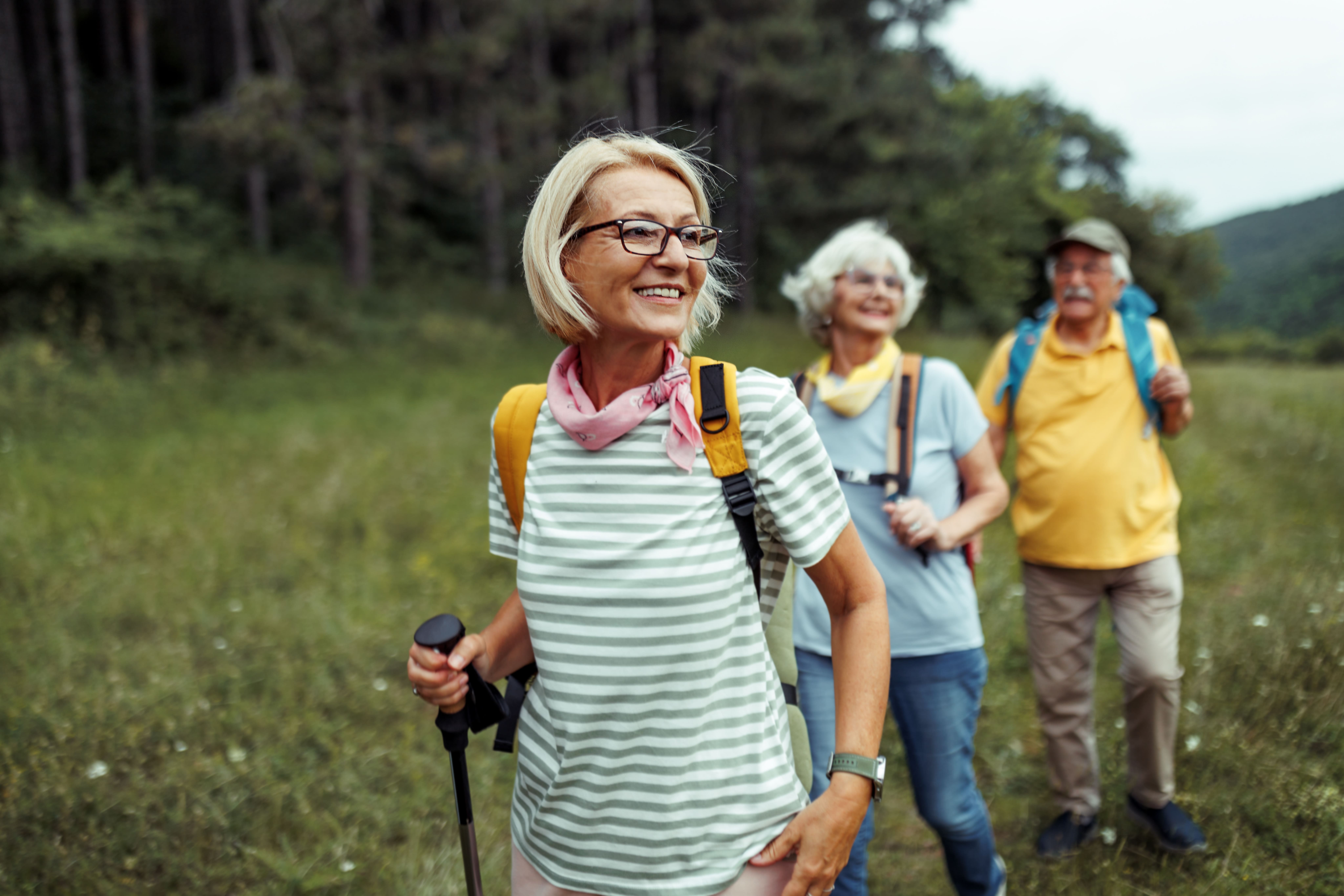 Adultos mayores disfrutando una caminata al aire libre en un entorno natural con mochilas y bastones de senderismo.