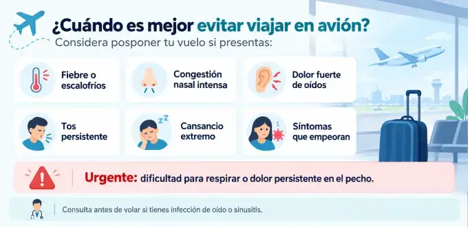 Infografía sobre cuándo evitar viajar en avión con gripe o resfriado, según los síntomas y señales de alerta.