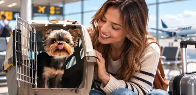 Mujer viajando con su perro en transportadora dentro de un aeropuerto de Chile, con avión JetSMART al fondo.