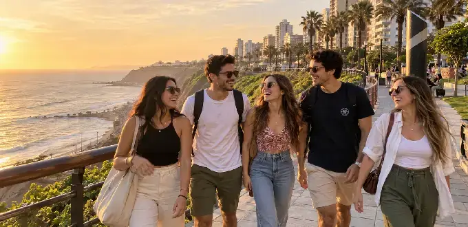 Amigos caminando por el Malecón de Miraflores, Lima, al atardecer junto al océano Pacífico.