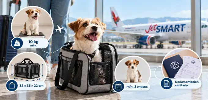 Infografía para volar con mascotas en JetSMART: peso máximo de 10 kg, medidas del transportín, edad mínima y documentos.