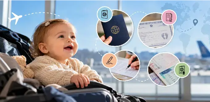 Bebé en aeropuerto de Chile junto a documentos para viajar en avión, como pasaporte, certificado de nacimiento y autorizaciones.