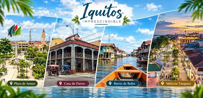 Collage de lugares turísticos de Iquitos, Perú: Plaza de Armas, Casa de Fierro, Belén y Malecón Tarapacá.
