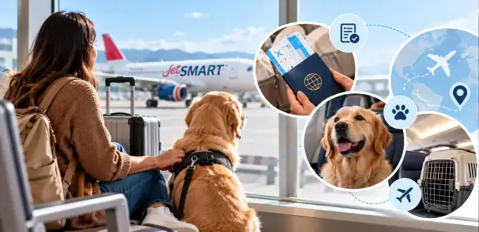 Mujer con perro de asistencia en aeropuerto observa un avión JetSMART, junto a referencias de documentos y requisitos de viaje.