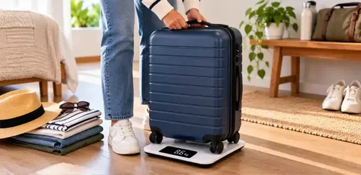 Viajero pesa una maleta de cabina en una báscula digital antes de viajar, junto a ropa y accesorios de equipaje.