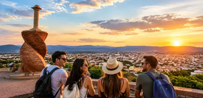 Cúcuta, Colombia: viajeros disfrutando un mirador con vista panorámica de la ciudad al atardecer.