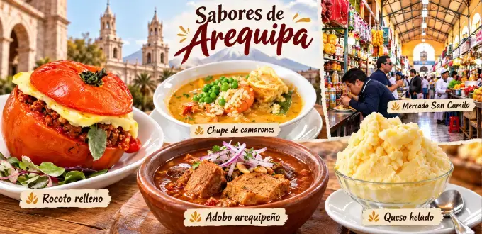 Gastronomía de Arequipa con rocoto relleno, chupe de camarones y adobo arequipeño, Perú.