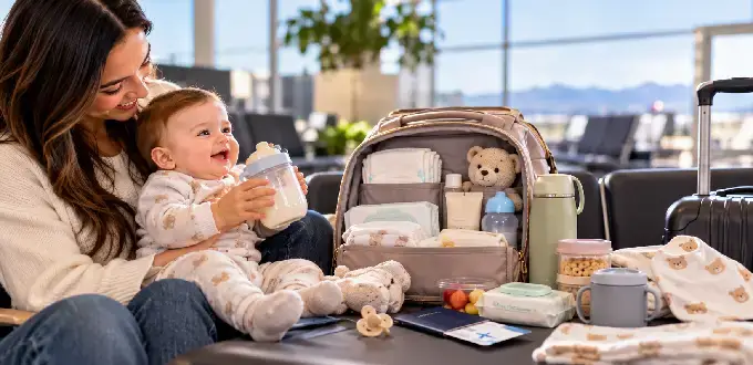 Madre con bebé en aeropuerto prepara bolso de viaje con pañales, biberones, ropa y artículos esenciales para volar.