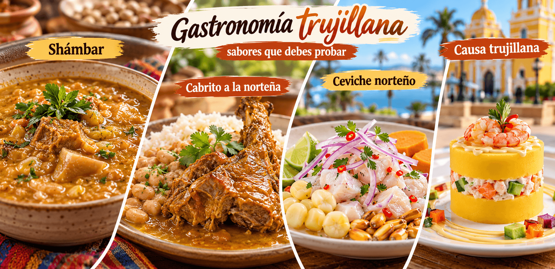 Gastronomía trujillana, Perú, con platos típicos como shámbar, cabrito a la norteña, ceviche norteño y causa trujillana.