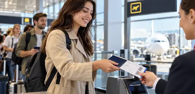 Pasajera presenta su boarding pass y pasaporte en el control de embarque del aeropuerto antes de abordar su vuelo.