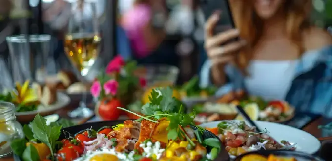 Platos gourmet y copa de vino en restaurante de Vitacura, Santiago, mientras una persona toma una foto de la comida en la mesa.