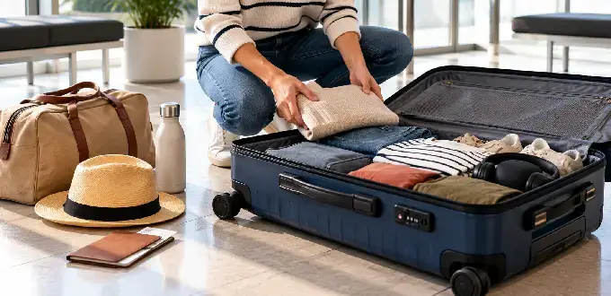 Viajero organiza ropa y artículos de viaje en una maleta de bodega abierta, junto a sus accesorios y equipaje.