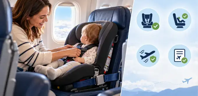Madre asegura a su bebé en una silla de auto instalada en el asiento del avión para viajar con mayor seguridad.