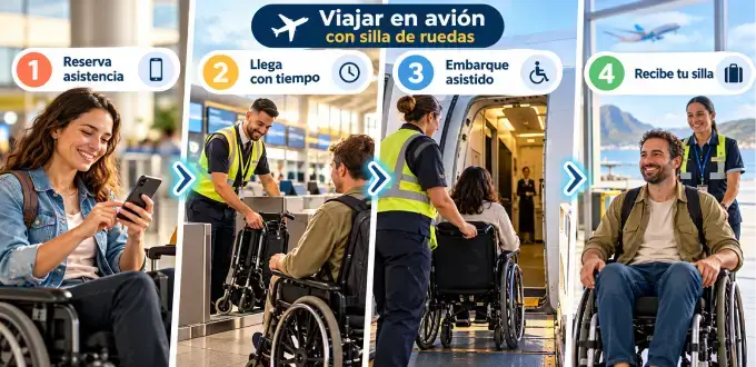 Guía paso a paso para viajar en avión con silla de ruedas: asistencia en el aeropuerto, embarque y llegada.