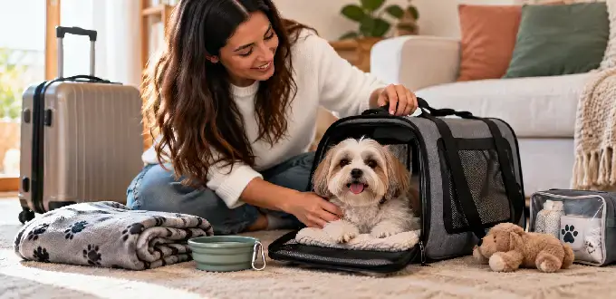 Mujer prepara a su perro para viajar en avión, junto a un transportín, maleta y accesorios esenciales para mascotas.
