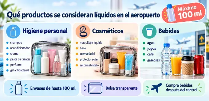 Infografía sobre líquidos permitidos en el aeropuerto: higiene personal, cosméticos y bebidas, con límite de 100 ml.