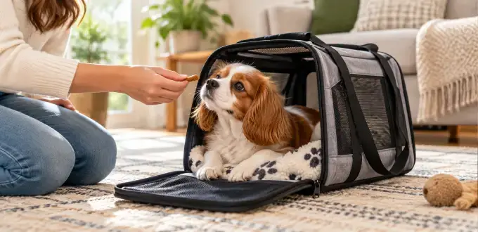 Mujer ofrece un premio a su perro dentro de un transportín para mascotas, ayudándolo a acostumbrarse antes de viajar en avión.