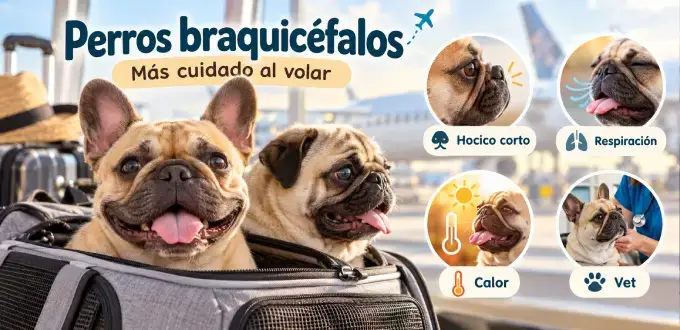 Infografía de perros braquicéfalos con recomendaciones sobre respiración, calor y cuidados veterinarios para viajar en avión.
