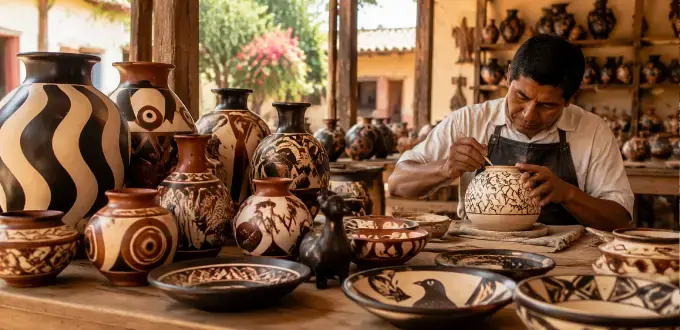Artesanía en cerámica de Piura, Perú, con piezas tradicionales pintadas a mano y técnicas culturales locales.