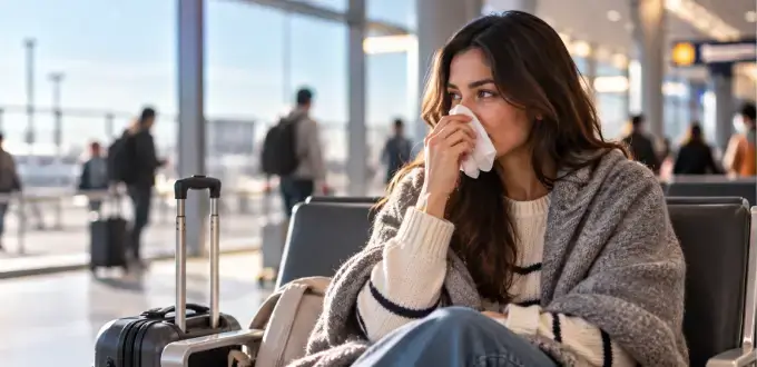 Mujer con gripe o resfriado se cubre la nariz con un pañuelo mientras espera su vuelo en un aeropuerto junto a su equipaje.