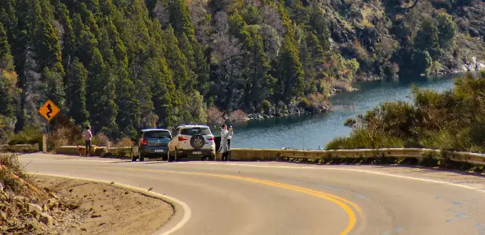 Ruta escénica en San Martín de los Andes, Argentina, rodeada de bosque patagónico y lago, ideal para recorrer en auto.