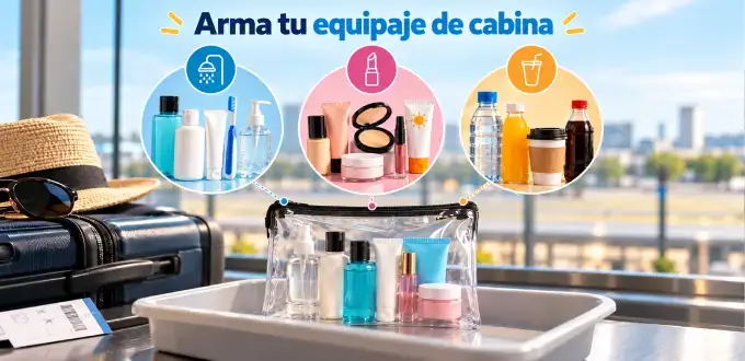 Infografía de equipaje de cabina con líquidos de higiene personal, cosméticos y bebidas en el control de seguridad del aeropuerto.