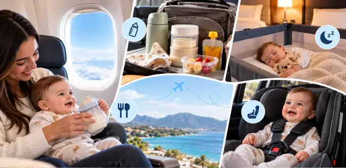 Familia con bebé prepara su viaje en avión JetSMART, con equipaje, documentos y artículos esenciales para sus vacaciones.