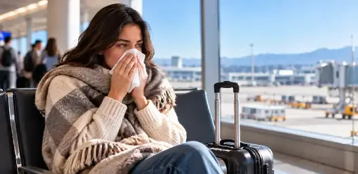 Mujer resfriada se cubre la nariz con un pañuelo mientras espera su vuelo en un aeropuerto, junto a su equipaje.