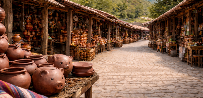 Artesanía en greda en Pomaire, pueblo típico de Chile conocido por su tradición alfarera.