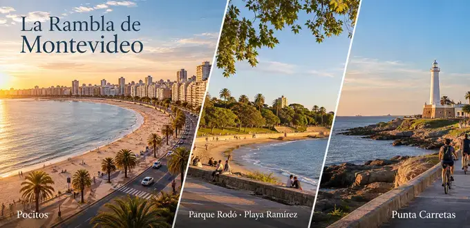 Rambla de Montevideo, Uruguay, con vistas a Pocitos, Playa Ramírez, Parque Rodó y el Faro de Punta Carretas.