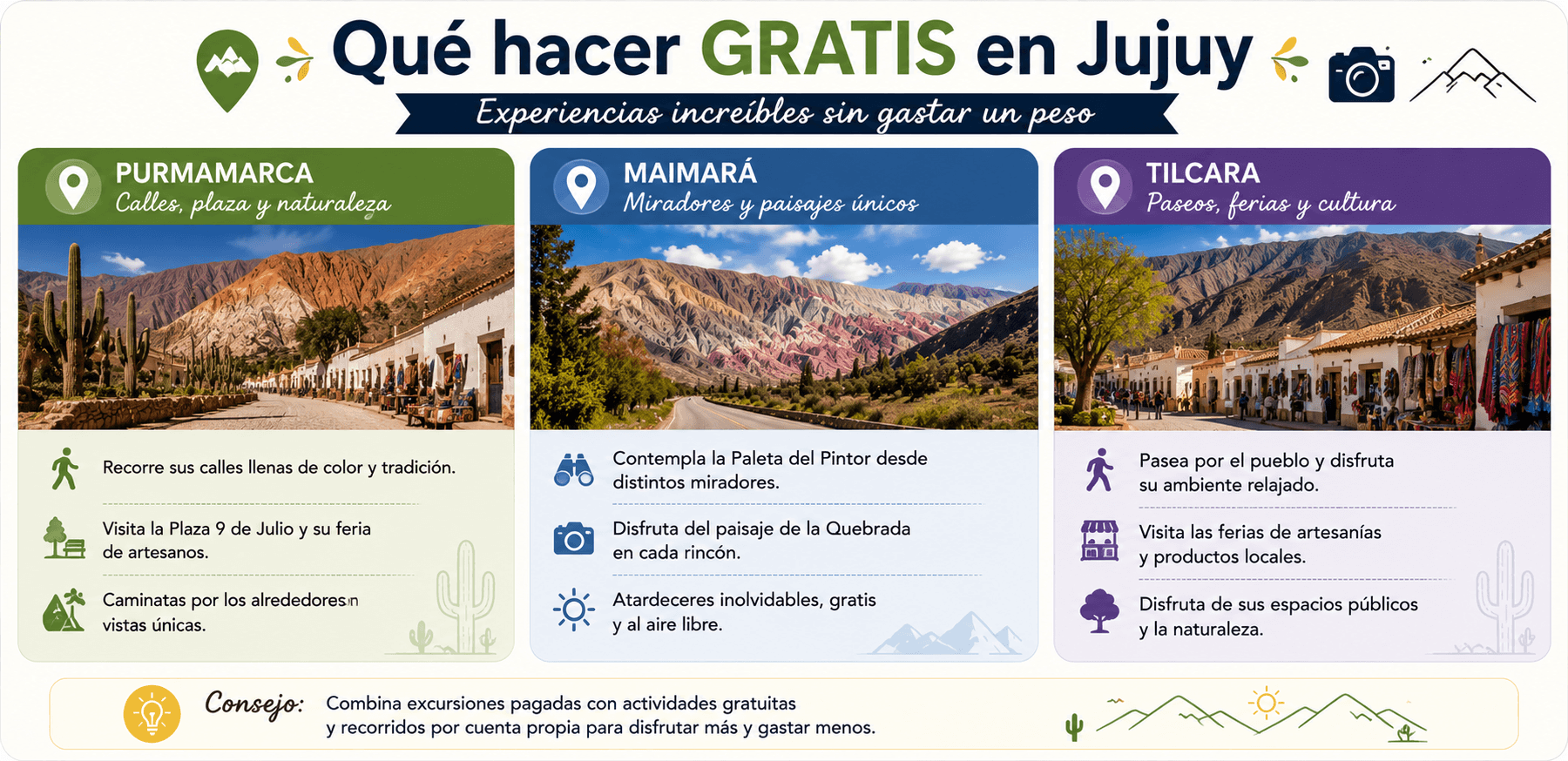 Guía de actividades gratis en Jujuy, Argentina, con paseos y paisajes en Purmamarca, Maimará y Tilcara.