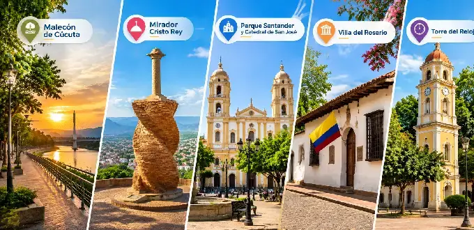 Cúcuta, Colombia: lugares turísticos como Malecón, Cristo Rey, Parque Santander, Villa del Rosario y Torre del Reloj.
