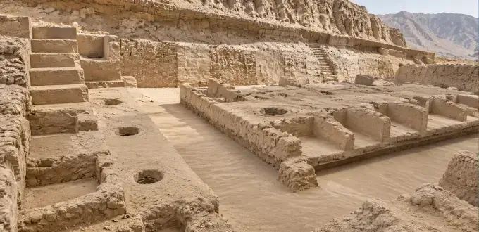 Pirámides de Túcume, Chiclayo, Perú, con antiguas estructuras arqueológicas de la cultura Lambayeque rodeadas de paisaje desértico.