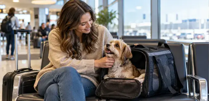 Mujer acaricia a su perro en un transportín para mascotas mientras espera su vuelo en la sala de embarque del aeropuerto.