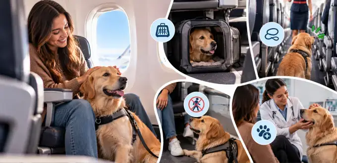 Mujer viaja en avión con perro de asistencia, junto a escenas de transporte, seguridad y revisión veterinaria.