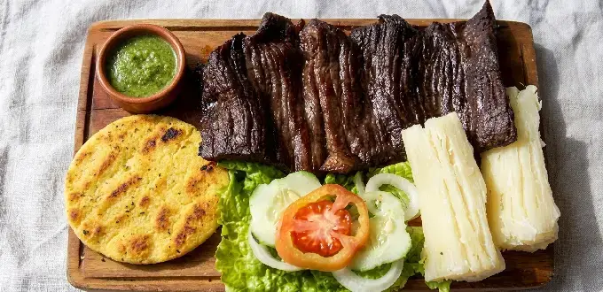 Carne oreada con arepa santandereana, yuca, ensalada y ají, plato típico de Bucaramanga, Santander.
