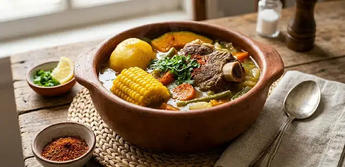 Cazuela chilena servida en greda, con carne, choclo, papas y verduras, gastronomía típica de Chile.