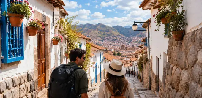 Calle tradicional de San Blas en Cusco, Perú, con turistas recorriendo arquitectura colonial y vistas de la ciudad andina.