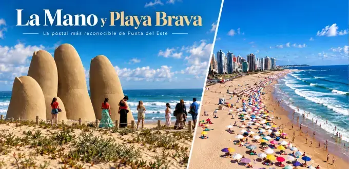 La Mano y Playa Brava en Punta del Este, Uruguay: escultura icónica, extensa playa, olas del Atlántico y turistas.