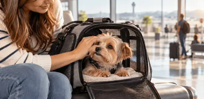 Mujer acaricia a su perro dentro de un kennel de viaje en el aeropuerto, preparándolo para volar cómodo y seguro.