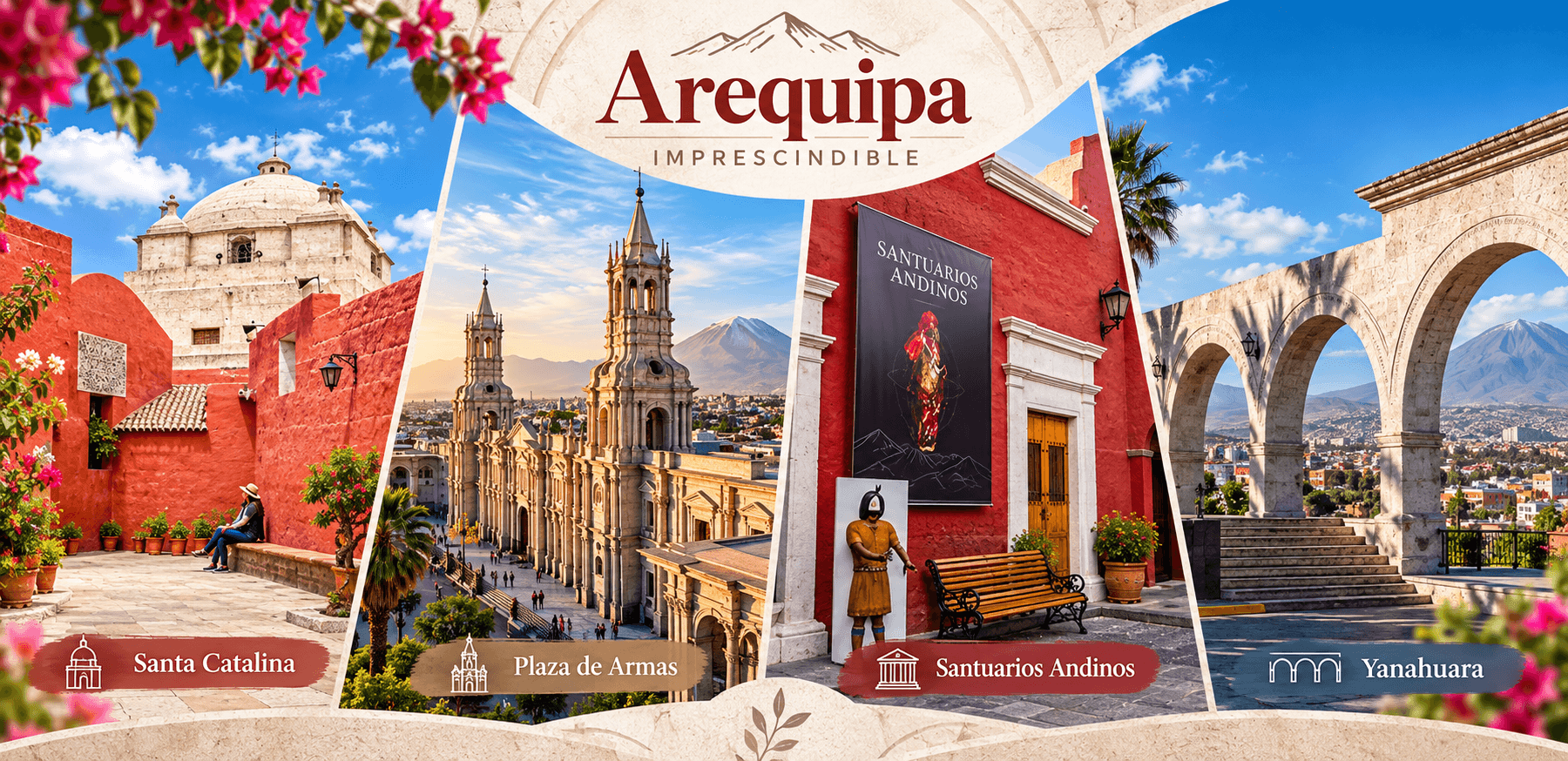 Gastronomía de Arequipa con rocoto relleno, chupe de camarones y adobo arequipeño, Perú.