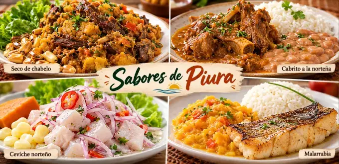 Gastronomía típica de Piura, Perú, con seco de chabelo, cabrito a la norteña, ceviche norteño y malarrabia.